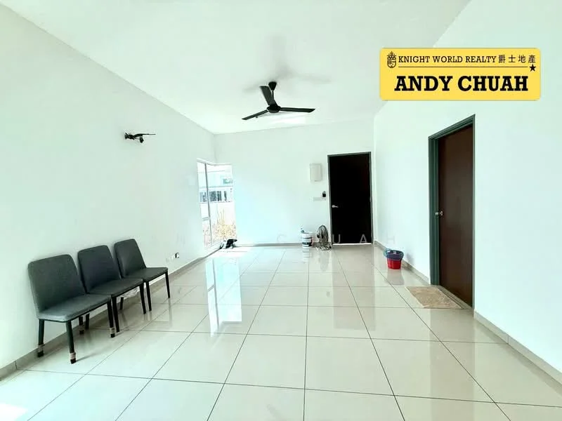 Living features: white painted walls, glossy ceramic tile flooring, 5-blade ceiling fan with light, floor-to-ceiling windows, door leading to outdoor area, seating area with three grey chairs, wall-mounted air conditioning unit, light-colored door, trash bin; style: modern.