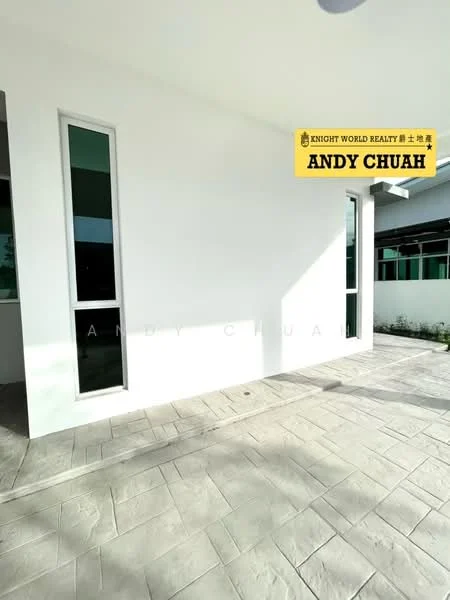 Exterior features: white painted facade, large vertical windows, paved flooring, manicured lawn, surrounding greenery; style: modern.