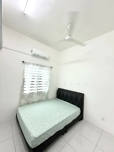 Bedroom features: single bed, light green polka dot bedding, black upholstered bed frame, white painted walls, white ceiling, ceiling fan, wall-mounted air conditioning unit, window with sheer curtains, tiled flooring; style: minimalist.