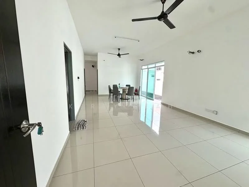 Living features: white painted walls, glossy ceramic tile flooring, 2 ceiling fans, dining table with 4 chairs, sliding glass door, large windows, recessed lighting, door leading to another room, neutral decor, open layout; style: modern; view: garden.
