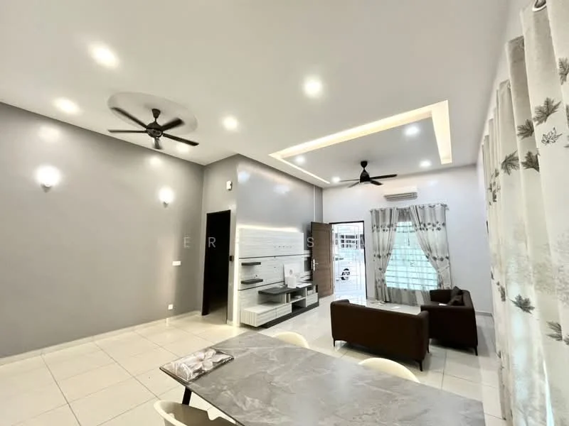 Living features: grey painted walls, white ceiling with recessed lighting, 5-blade ceiling fan with light, large windows with sheer curtains, white tiled flooring, brown leather sofa, dining table with marble top, TV console, decorative wall panel, air conditioning unit; style: modern.