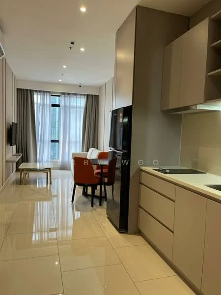 Kitchen features: white cabinetry, stainless-steel fridge, built-in oven, ceramic tile flooring, recessed downlights, single-bowl stainless-steel sink, chrome pull-down faucet, open shelving, countertop with backsplash, dining table with 2 chairs, TV mounted on wall, floor-to-ceiling windows with sheer curtains; style: modern; view: city.
