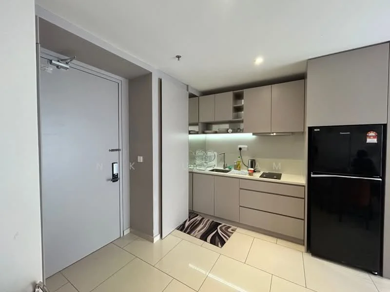 Kitchen features: grey cabinetry, white countertop, single-bowl stainless-steel sink, chrome pull-down faucet, built-in oven, freestanding range oven, black refrigerator, ceramic tile flooring, recessed downlights, kitchen island, wall-mounted cabinet, decorative rug; style: modern. Room features: main entrance door.