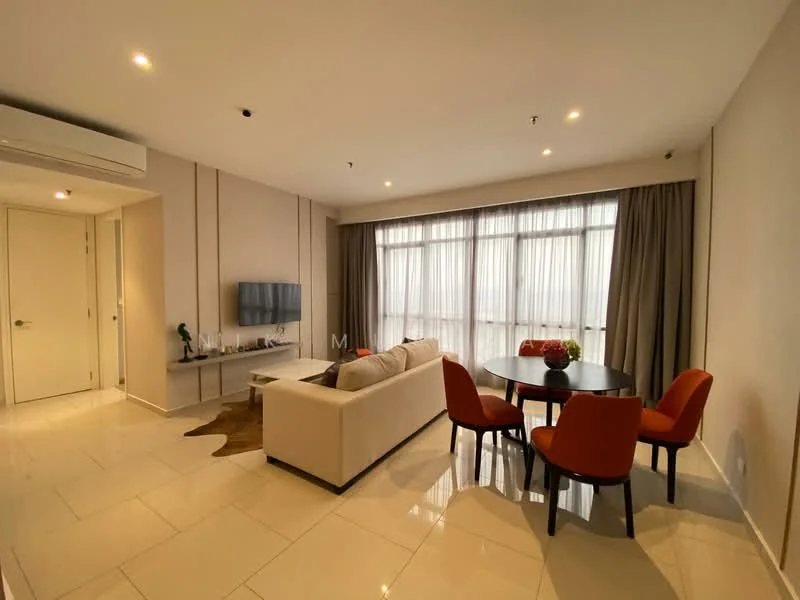 Living features: cream painted walls, white tiled flooring, recessed downlights, floor-to-ceiling windows, sheer curtains, L-shape fabric sofa in beige, coffee table, TV console, wall-mounted TV, area rug, round dining table, 4 upholstered dining chairs in orange; style: modern; view: city.
