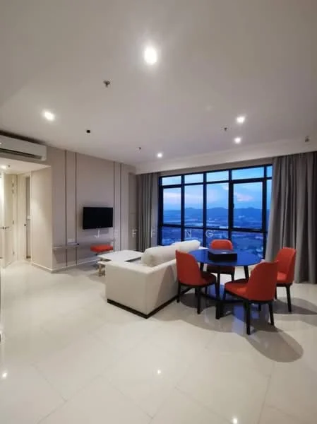 Living features: white painted walls, polished tile flooring, floor-to-ceiling windows, curtains, sofa in white fabric, 4-seater dining table, upholstered dining chairs in red, wall-mounted TV, air conditioning unit, light fixtures in ceiling; style: modern; view: city.