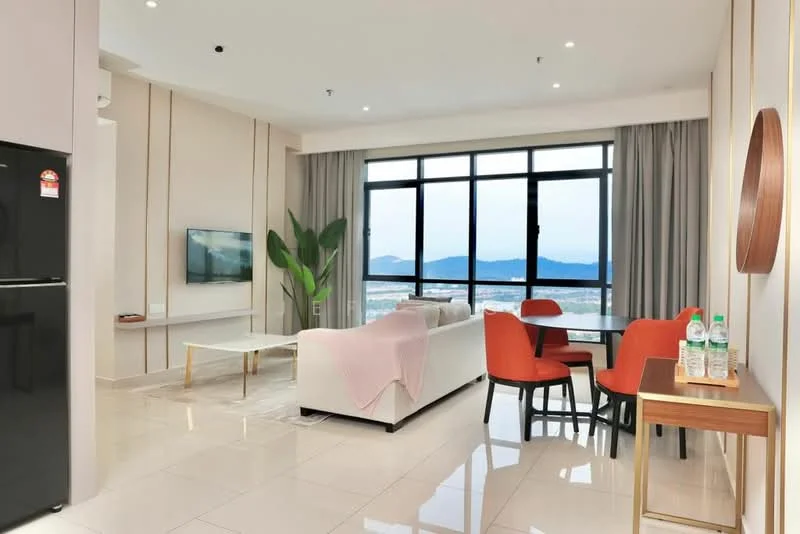 Living features: floor-to-ceiling windows, grey curtains, white walls, light-coloured tiled flooring, 3-seater fabric sofa in white, coffee table, wall-mounted TV, decorative plant, 2 upholstered dining chairs in red, dining table, refrigerator, wall-mounted shelving; style: modern; view: mountain.
