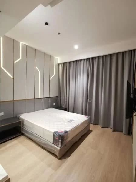 Bedroom features: queen-size bed, grey upholstered headboard, wooden flooring, light grey painted walls, accent wall with geometric design, floor-to-ceiling curtains, recessed lighting, wall-mounted TV, nightstand, decorative wall paneling; style: modern.