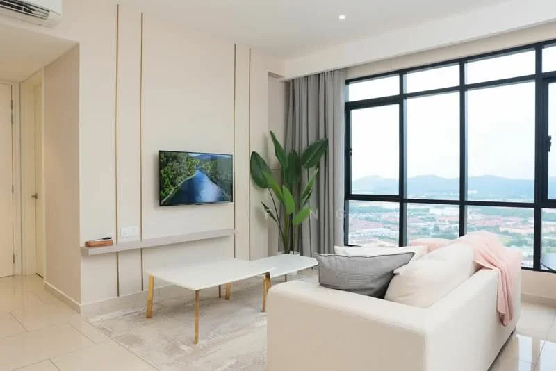 Living features: floor-to-ceiling windows, white walls, light grey curtains, cream sofa, decorative throw pillows, white coffee table with gold legs, area rug with geometric pattern, wall-mounted TV, indoor plant, recessed downlights, tile flooring; style: modern; view: city.