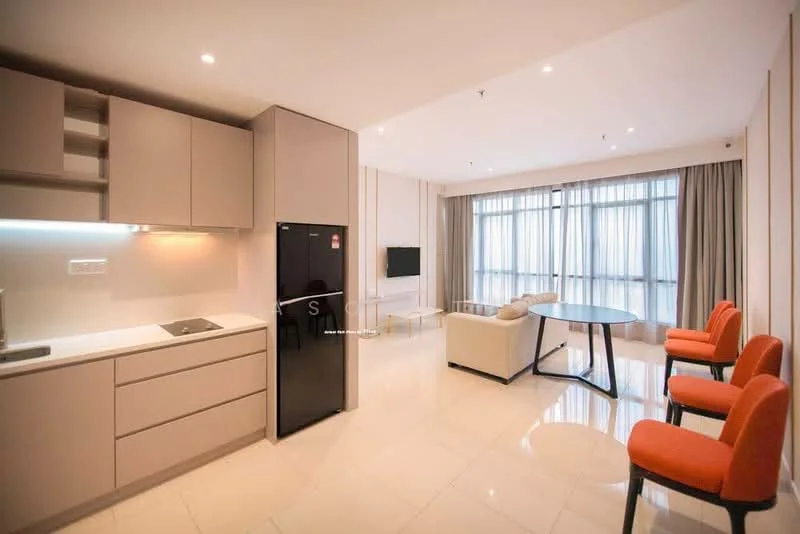 Kitchen features: light grey cabinetry, white countertop, single-bowl stainless-steel sink, chrome pull-down faucet, built-in fridge, ceramic tile flooring, recessed downlights; style: modern. Living features: floor-to-ceiling windows, sheer curtains, white walls, light-coloured sofa, black coffee table, TV console, ceramic tile flooring, recessed downlights; style: modern.