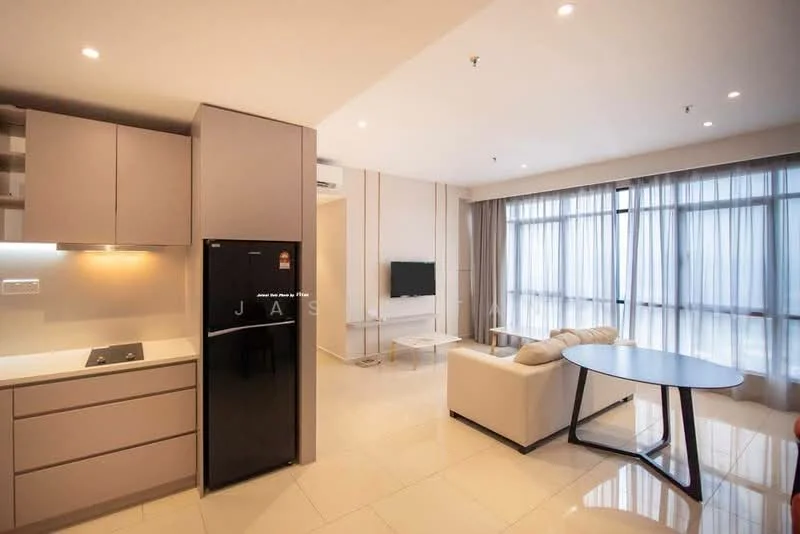 Kitchen features: white cabinetry, black refrigerator, built-in oven, stainless-steel sink, ceramic tile flooring, recessed downlights; style: modern. Living features: sofa in white, coffee table, wall-mounted TV, floor-to-ceiling windows, curtains, ceramic tile flooring, recessed downlights; style: modern.