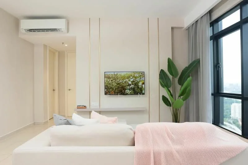 Living features: light beige walls, white ceiling, large floor-to-ceiling windows, grey curtains, light-colored sofa, decorative throw blanket in pink, wall-mounted TV, white TV console, indoor plant, 1 wall-mounted split AC, tile flooring, minimalist decor; style: modern; view: city.