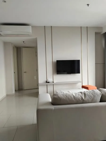 Living features: white painted walls, light grey accent wall, porcelain tile flooring, sofa in light fabric, wall-mounted TV, floating TV console, air conditioning unit, recessed downlights, orange accent stool, open doorway to hallway; style: modern.