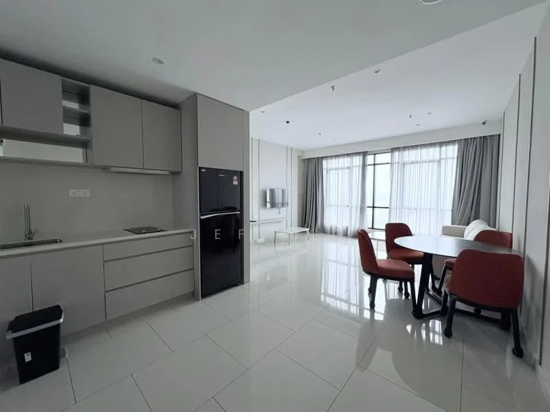 Kitchen features: grey cabinetry, stainless-steel sink, single-bowl stainless-steel sink, built-in oven, stainless-steel fridge, ceramic tile flooring, white walls, recessed downlights; style: modern. Living features: floor-to-ceiling windows, grey curtains, TV console, wall-mounted TV, round dining table, 4 upholstered dining chairs, sofa, ceramic tile flooring, white walls, recessed downlights; style: modern.