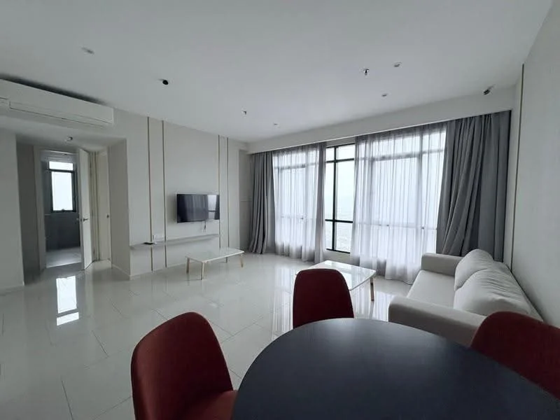 Living features: white painted walls, glossy tile flooring, floor-to-ceiling windows, sheer curtains, grey curtains, 3-seater fabric sofa in white, glass coffee table, wall-mounted TV, air conditioning unit, decorative wall paneling, LED ceiling lights; style: modern; view: city. Dining features: round dining table, 4 upholstered dining chairs in red; style: modern.