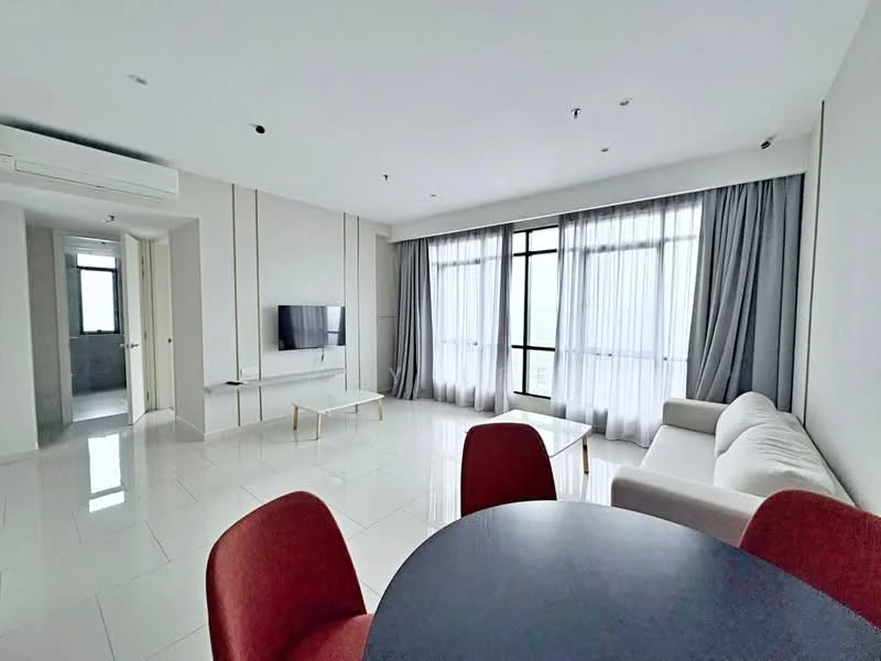 Living features: white painted walls, glossy tile flooring, floor-to-ceiling windows, sheer curtains, 3-seater fabric sofa in white, coffee table with metal legs, wall-mounted TV, ceiling-mounted air conditioning unit, recessed downlights, decorative wall paneling; style: modern; view: city. Dining features: round dining table, upholstered dining chairs in red; style: modern; view: city.
