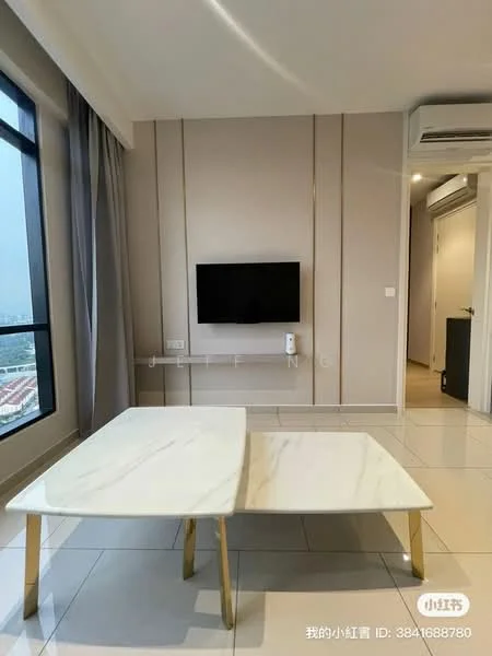 Living features: white marble coffee table with gold legs, wall-mounted TV, light grey painted walls, large windows with city view, floor-to-ceiling curtains, tile flooring, air conditioning unit, neutral color scheme; style: modern; view: city.