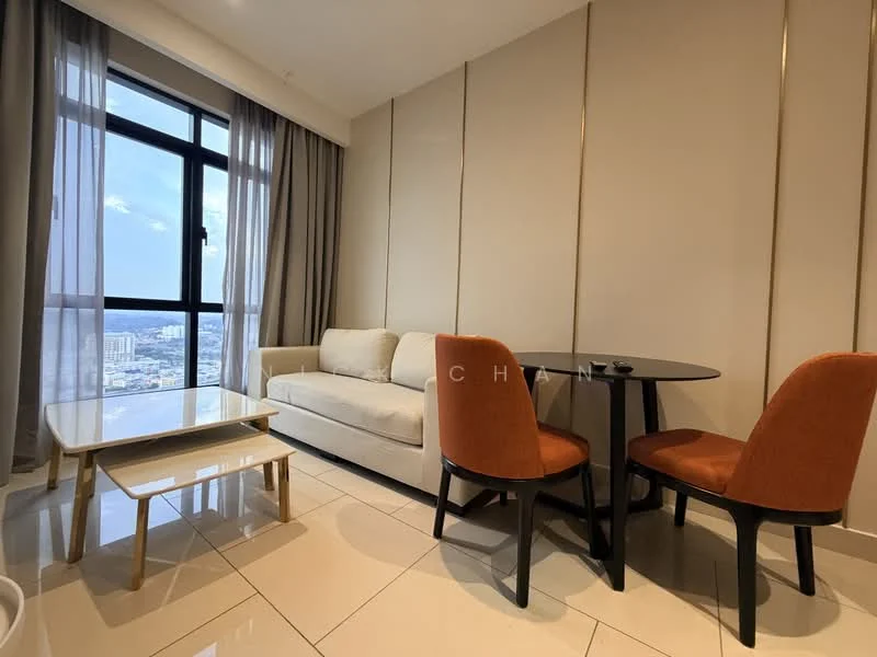 Living features: white painted walls, floor-to-ceiling windows, grey curtains, cream fabric sofa, glass coffee table, round black dining table, 2 upholstered dining chairs in orange, polished ceramic tile flooring, recessed downlights, decorative wall paneling; style: modern; view: city.