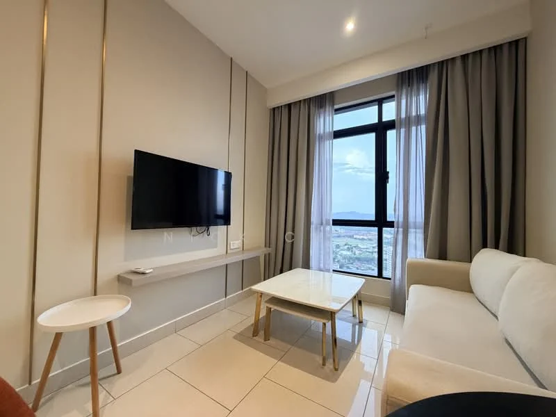 Living features: floor-to-ceiling windows, grey curtains, white painted walls, light-colored sofa, coffee table with wooden legs, wall-mounted TV, white TV console, ceramic tile flooring, recessed downlights; style: modern; view: city.