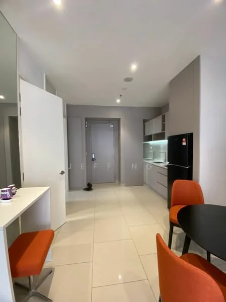 Kitchen features: white cabinetry, black fridge, built-in oven, ceramic tile flooring, recessed downlights, white countertop, single-bowl stainless-steel sink, chrome pull-down faucet, open shelving, dining table with orange chairs, wall-mounted cabinets, grey accent wall; style: modern. Dining features: round dining table, 2 orange upholstered chairs; style: modern.