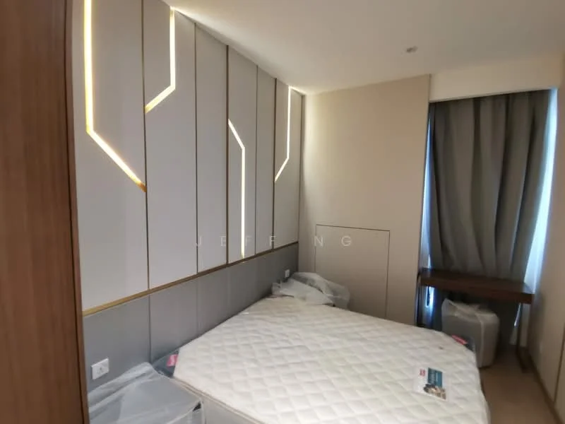 Bedroom features: queen-size bed, upholstered headboard, grey accent wall, light wood paneling, recessed lighting, floor-to-ceiling window, sheer curtains, wooden bedside table, decorative wall lighting; style: modern.