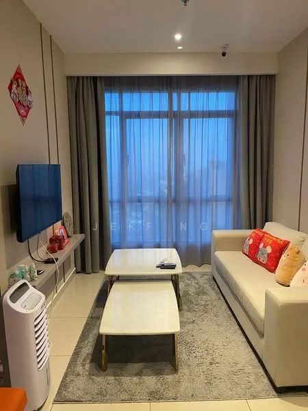 Living features: 3-seater fabric sofa in cream, red and white decorative cushions, coffee table with white top and gold legs, TV console with wall-mounted TV, area rug with neutral color, floor-to-ceiling windows with sheer curtains, air conditioning unit, wall-mounted decor, light-colored walls, recessed ceiling lights; style: modern; view: city.