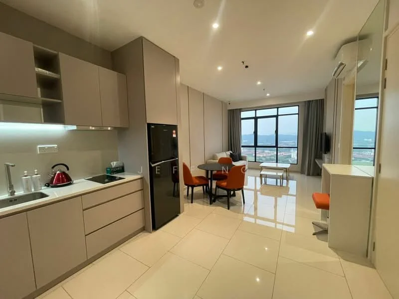 Kitchen features: white cabinetry, stainless-steel sink, chrome pull-down faucet, built-in oven, stainless-steel fridge, ceramic tile flooring, recessed downlights, countertop with breakfast bar, kettle, dining table with four chairs, floor-to-ceiling windows, city view; style: modern; view: city. Living features: sofa, TV console, wall-mounted TV, area rug, recessed downlights, floor-to-ceiling windows, city view; style: modern; view: city.