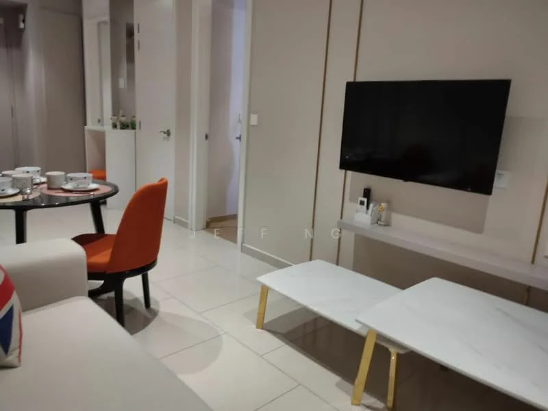 Living features: white painted walls, tile flooring, sofa in light color, coffee table with marble top, TV console, wall-mounted TV, decorative cushions, dining table with 4 chairs, orange dining chair, open shelving, light fixtures, neutral color palette; style: modern.