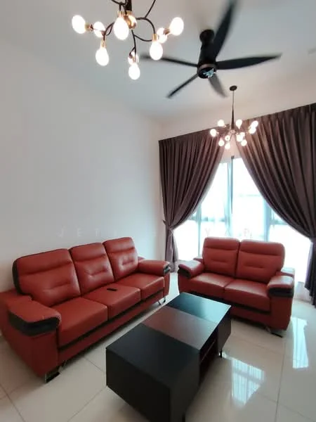 Living features: red leather 3-seater sofa, red leather 2-seater sofa, black coffee table, white walls, glossy tile flooring, 5-blade ceiling fan with light, floor-to-ceiling windows, dark curtains; style: modern.