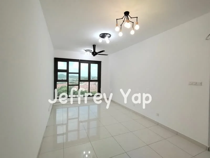 Living features: white painted walls, glossy ceramic tile flooring, 5-blade ceiling fan with light, black pendant light, floor-to-ceiling windows, city view, neutral color scheme, open layout; style: modern; view: city.