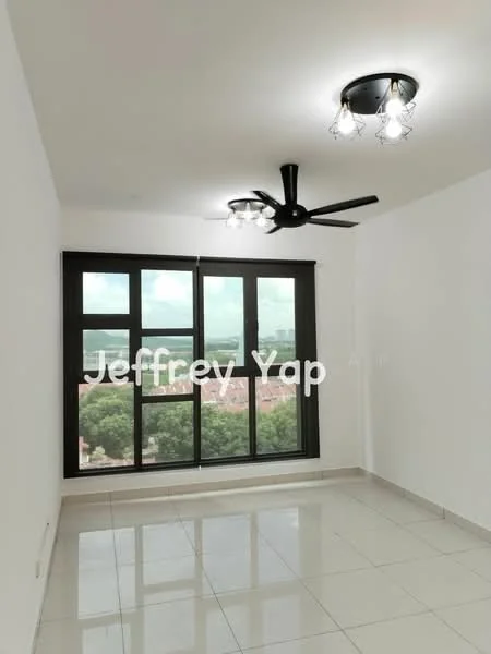Room features: white painted walls, glossy ceramic tile flooring, 5-blade ceiling fan with light, recessed downlights, floor-to-ceiling windows, black window frames, city view; style: modern; view: city.