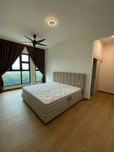 Bedroom features: king-size bed, upholstered headboard, 5-blade ceiling fan with integrated LED light, floor-to-ceiling windows, brown curtains, light-colored walls, tile flooring, decorative wall, nightstand with electrical outlets; style: modern; view: city.