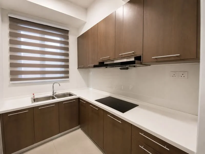 Kitchen features: brown wooden cabinetry, white quartz countertop, double-bowl stainless-steel sink, chrome pull-down faucet, built-in stove, wall-mounted range hood, roller blinds on window, light-colored wall tiles, ceramic tile flooring; style: modern.