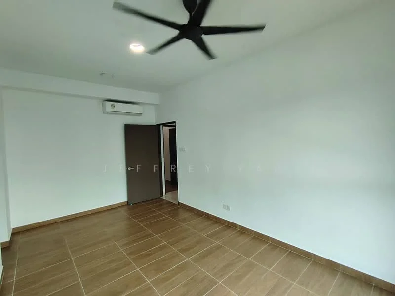 Room features: white painted walls, brown tiled flooring, 5-blade ceiling fan, wall-mounted split AC, single door, door frame, window, light fixture.