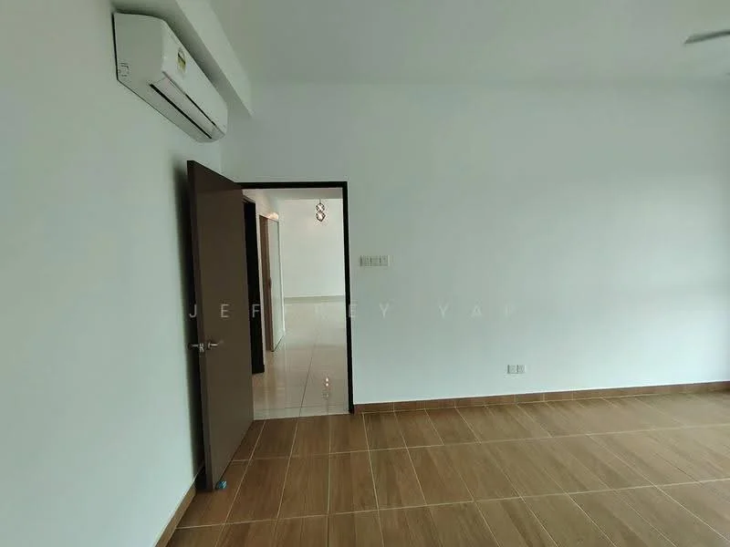 Room features: white painted walls, wooden flooring, 1 wall-mounted split AC, door leading to another room, natural light from doorway, plain ceiling, no visible decor; style: modern.