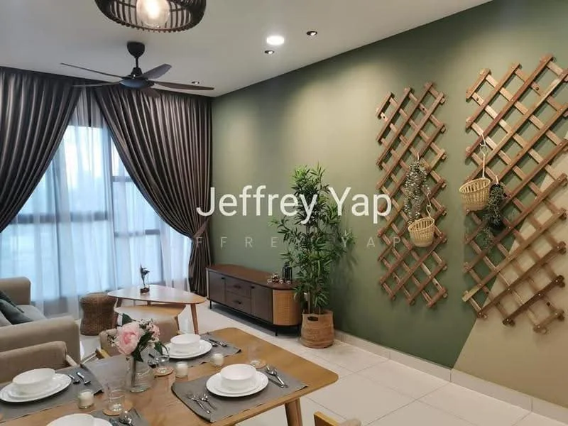 Living features: 5-blade ceiling fan, floor-to-ceiling windows, sheer curtains, dark wood sideboard, green accent wall, white painted walls, decorative wall trellis, hanging planters, area rug, dining table with place settings, upholstered sofa in light color, wall-mounted lighting, decorative plants; style: modern; view: city.