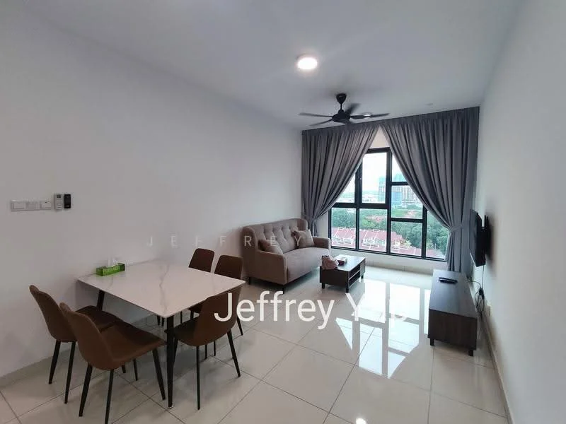 Living features: 3-seater fabric sofa in beige, coffee table, wall-mounted TV, TV console, floor-to-ceiling windows, grey curtains, white painted walls, polished tile flooring, ceiling fan with light, dining table with 4 chairs; style: modern; view: city.