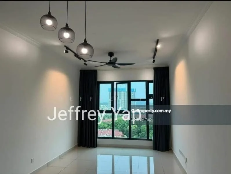 Room features: white painted walls, polished ceramic tile flooring, 5-blade ceiling fan with light, track lighting with pendant lamps, floor-to-ceiling windows, blackout curtains, city view; style: modern; view: city.