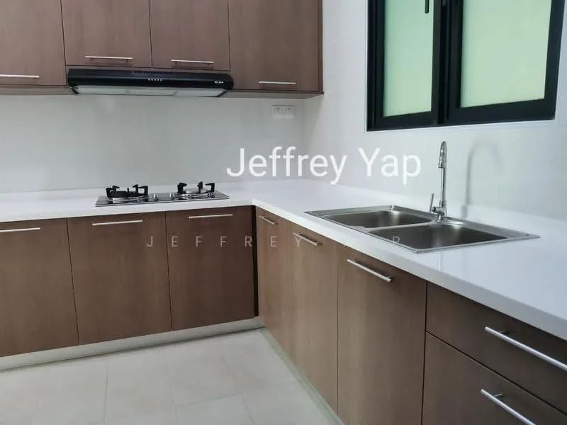 Kitchen features: brown wooden cabinetry, white quartz countertop, stainless-steel double-bowl sink, chrome pull-down faucet, 4-burner gas hob, built-in range hood, tile flooring, window with black frame; style: modern.