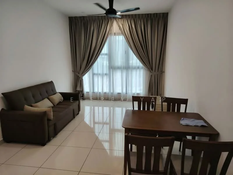 Living features: 3-seater fabric sofa in brown, 2 decorative cushions, wooden dining table, 4 wooden dining chairs, floor-to-ceiling windows, sheer curtains, dark ceiling fan with light, glossy tiled flooring, neutral painted walls, decorative wall art; style: modern.