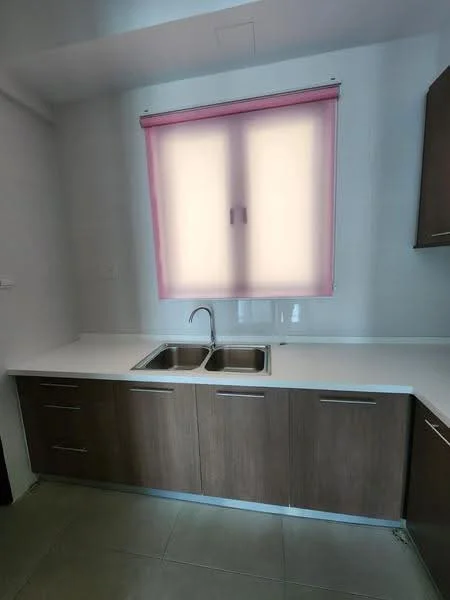 Kitchen features: double-bowl stainless-steel sink, chrome pull-down faucet, white quartz countertop, dark wood cabinetry, drawer storage, wall-mounted window with sheer pink curtains, tile flooring, recessed lighting; style: modern.