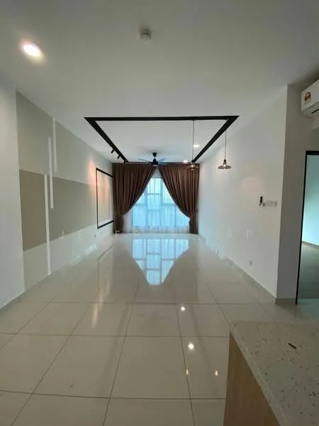Living features: white painted walls, grey accent wall, polished ceramic tile flooring, tray ceiling, recessed downlights, 5-blade ceiling fan, floor-to-ceiling windows, sheer curtains, hanging pendant light, open layout; style: modern.