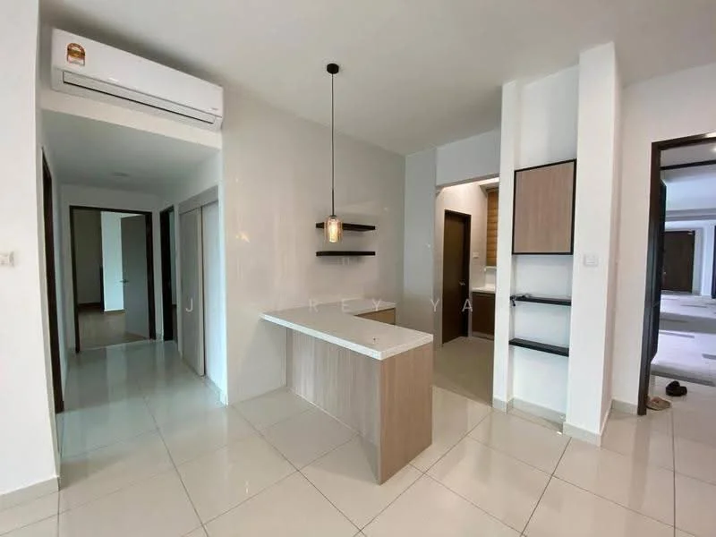 Room features: white painted walls, glossy ceramic tile flooring, recessed downlights, 1 wall-mounted split AC, pendant lamp, kitchen island with countertop, open shelving, doorway leading to other rooms, neutral color scheme; style: modern.