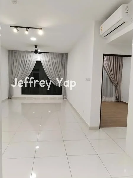 Living features: white painted walls, glossy white tile flooring, 5-blade ceiling fan with light, recessed downlights, floor-to-ceiling windows, sheer curtains, blackout curtains, air conditioning unit, neutral decor, open layout; style: modern. Room features: wood flooring, curtains.