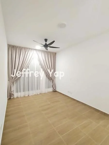 Room features: white painted walls, tile flooring, 5-blade ceiling fan, floor-to-ceiling windows with sheer curtains, curtains in beige, neutral color scheme; style: modern.