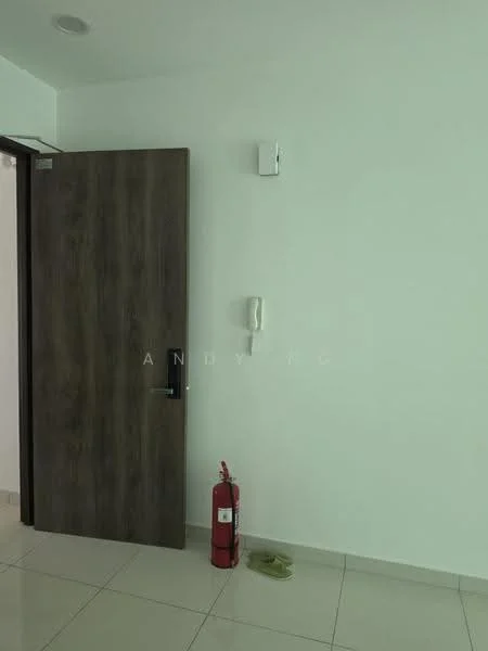 Room features: white painted walls, glossy tile flooring, wooden door, fire extinguisher, intercom panel, light switch, floor space, no visible windows; style: modern.