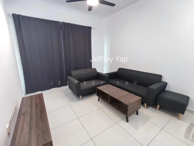 Living features: black fabric 3-seater sofa, black fabric 2-seater sofa, wooden coffee table, white painted walls, tile flooring, ceiling fan, black curtains, floor-to-ceiling windows; style: modern.