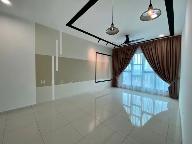 Living features: white painted walls, accent wall with beige and grey sections, polished ceramic tile flooring, ceiling with black trim, 3-blade ceiling fan, 2 pendant lights, floor-to-ceiling windows, sheer curtains, curtains in brown, decorative wall panel, recessed lighting; style: modern; view: city.