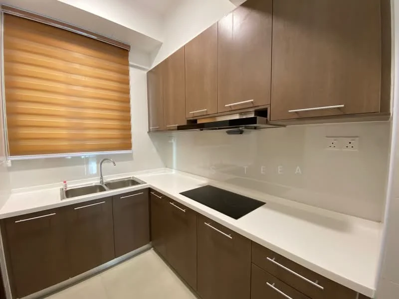 Kitchen features: brown wooden cabinetry, white quartz countertop, double-bowl stainless-steel sink, chrome pull-down faucet, built-in stove, exhaust hood, tile backsplash, roller blinds; style: modern.