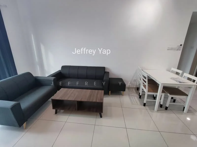 Living features: 2-seater fabric sofa in grey, 3-seater fabric sofa in grey, wooden coffee table, white dining table for 4, white dining chairs, glossy tile flooring, white painted walls, floor-to-ceiling windows with blue curtains, decorative wall art, LED ceiling lights; style: modern.