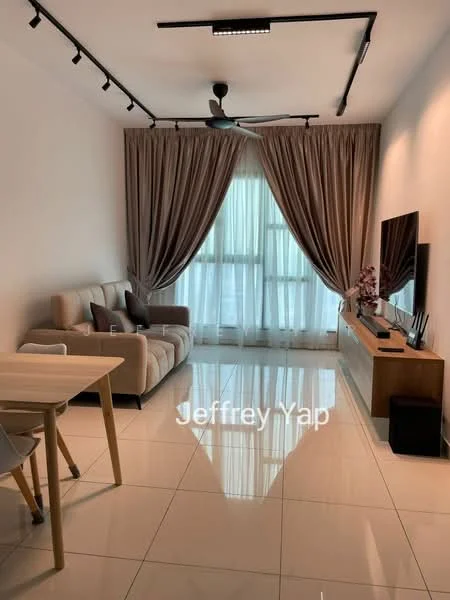 Living features: 3-seater fabric sofa in beige, coffee table, wall-mounted TV, TV console in wood, floor-to-ceiling windows, sheer curtains, recessed LED downlights, 5-blade ceiling fan with light, glossy tile flooring in white, decorative wall art, decorative plant in ceramic pot; style: modern.